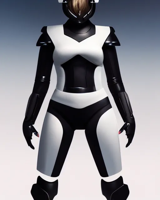 Image similar to concept art of a thicc female futurstic warrior, wearing a futuristic white helmet, futurstic black body smooth slim fitted armor, sleek design, aerodynamic design, holding a large futurstic robotic bow, full body image | | epic - fine - clean, polished, trending on artstation, brush strokes