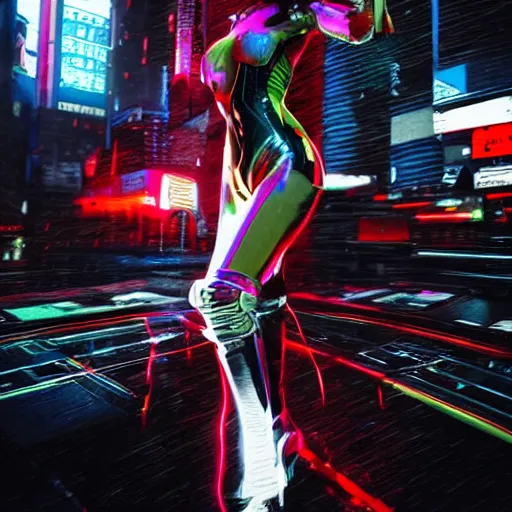 Image similar to An epic comic hyperrealistic full body shot portrait oil painting of a cyber warrrior girl wearing futuristic wardrobe, black and reddis, ultradetailed face expression trending on artstation and artbreeder, cyberpunk 2077 color, heavy rainning at tokyo night, neon light rooftop, unreal 5, DAZ, 8k, unreal 5 engine render, cosplay, RPG portrait, final fantasy Vll world concept, dramatic lighting, rim lights, PS5 render quality