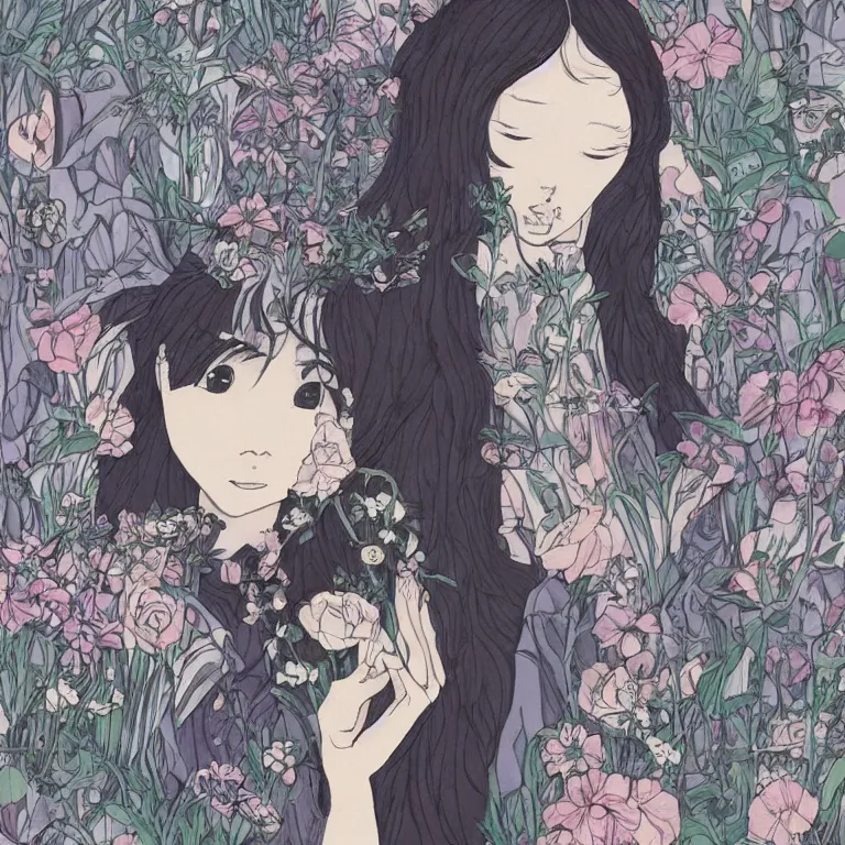 Prompt: young goddess, beautiful symmetrical face detailed face, realistic proportions, wearing a dark grey dress, peering from behind an ( enormous conical pile of skulls )!!! with flowers in the background, lush painting in the style of studio ghibli