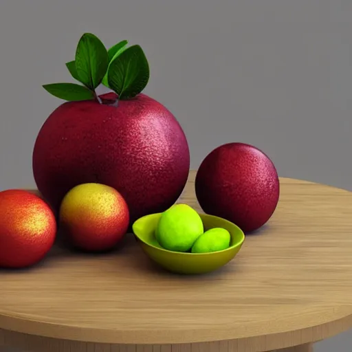 Prompt: highly detailed 3D render of a bowl of fruit on a table, studio lighting, octane render, RAYTRAYCING, 8k