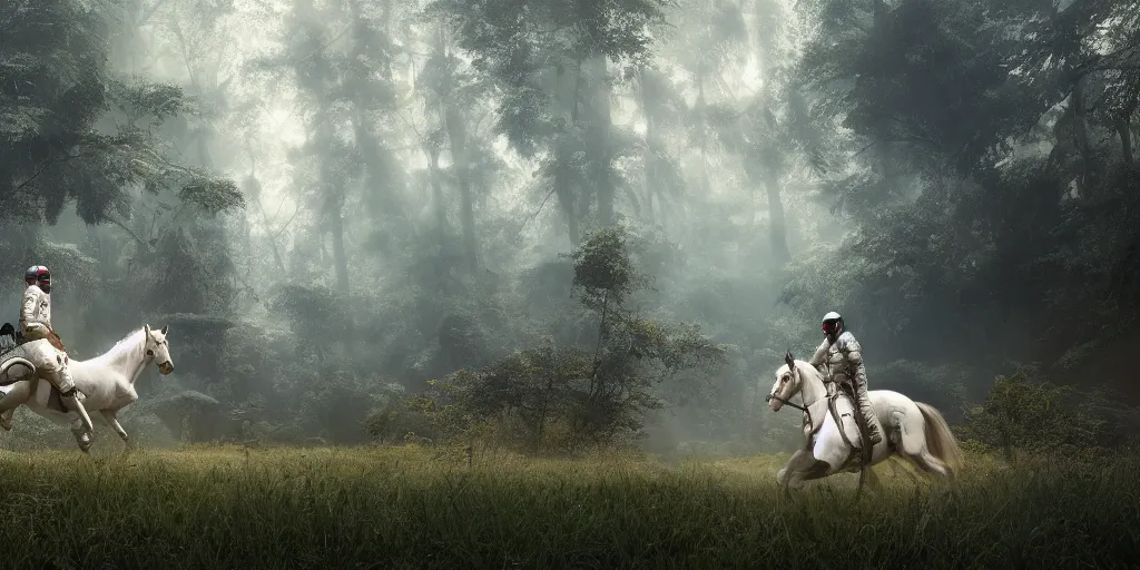Image similar to american astronaut in an indian forest riding a beautiful white horse, plants environment, wide angle, cinematic lighting, atmospheric, ultrarealistic, trending on artstation, cgsociety, highly detailed, color graded, in the style of craig mullins, rendered in Unreal Engine 4k HQ, horizon forbidden west