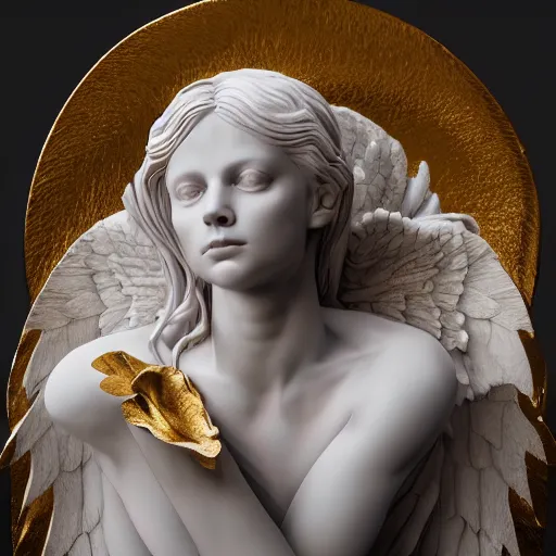 Image similar to high quality smooth render of statue of angel, made of white marble with gold veins, on the dark magenta background, hyper realistic, hyper detailed, by johannen voss, by peter kemp, by monia merlo, by michelangelo, octane render, vivid colors