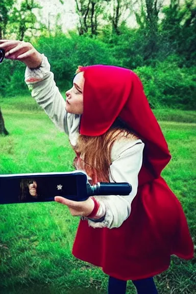 Image similar to “ very photorealistic photo of the real little red riding hood and the wolf taking a selfie, award - winning details ”