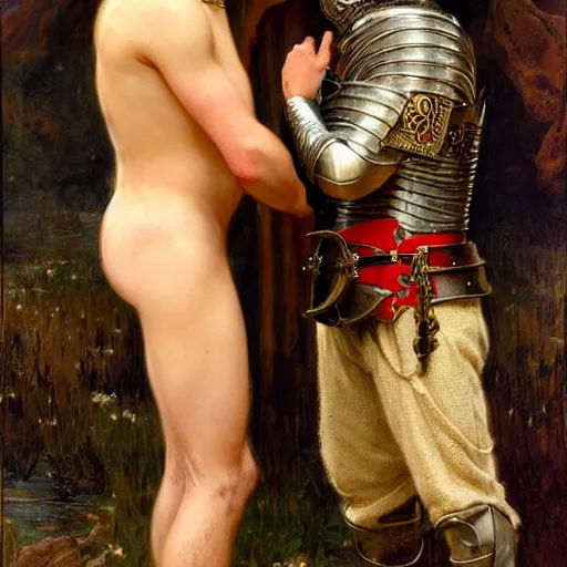 Image similar to attractive fully clothed arthur pendragon confesses his love for his attractive fully clothed male knight. highly detailed painting by gaston bussiere and j. c. leyendecker 8 k