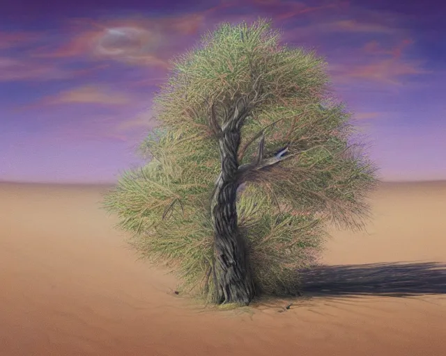 Image similar to a painting of a tree in the desert, an airbrush painting by breyten breytenbach, wavy sand pattern, cgsociety, neo - primitivism, airbrush art, dystopian art, apocalypse landscape