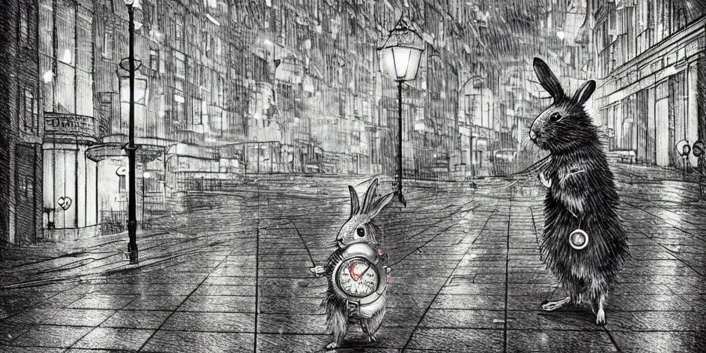 Image similar to a time traveling rabbit holding a pocket watch and an umbrella, rainy night, city lights, streetlights, digital art, sharp, 1 9 8 0 s style