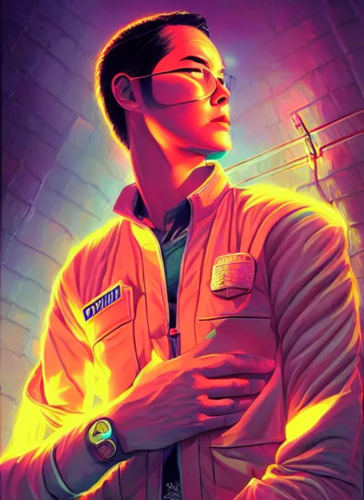 Image similar to burning police officer in sci fi prison, tristan eaton, victo ngai, artgerm, rhads, ross draws