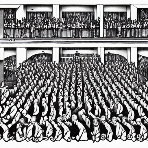 Prompt: a m. c. escher style drawing of a nightclub filled with people