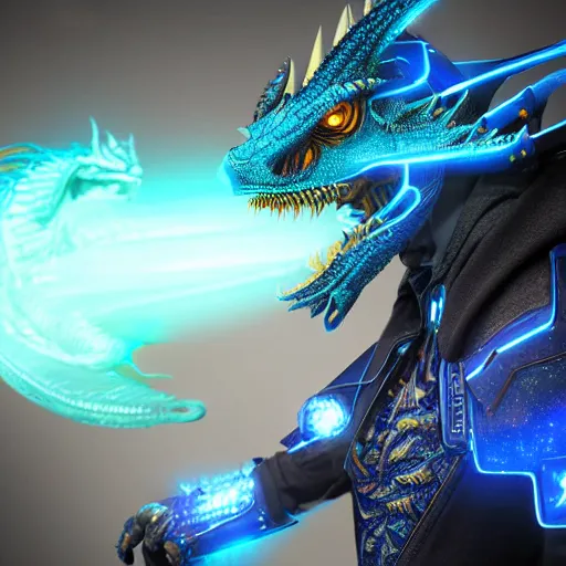 Prompt: young male cyborg with a dragon - inspired suit, dragon head, dragon wings, dragon tail, wielding a blue flame, digital art, alien, rich iridescent colors, d & d, very detailed, symmetrical, 8 k hd, futuristic