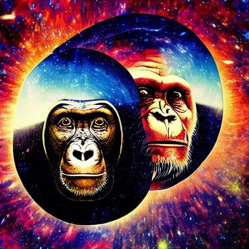 Image similar to double exposure portrait of one humanastronaut and one other chimpanzee astronaut with space and time in the the background by davinci, circles, psychedelic, pencil art, high definition, dynamic lighting stars, sharpness, golden ratio