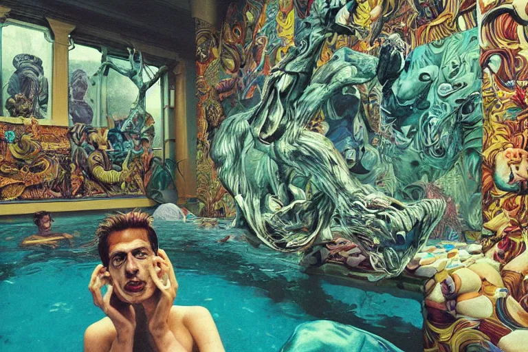 Image similar to 35mm color lomography, last photo, portrait, fashion shoot, weird, random, strange, spooky, hyperdetailed, photorealistic, high fashion, interesting, swimming pool, david cronenberg, by Jacek Yerka ,Mariusz Lewandowski