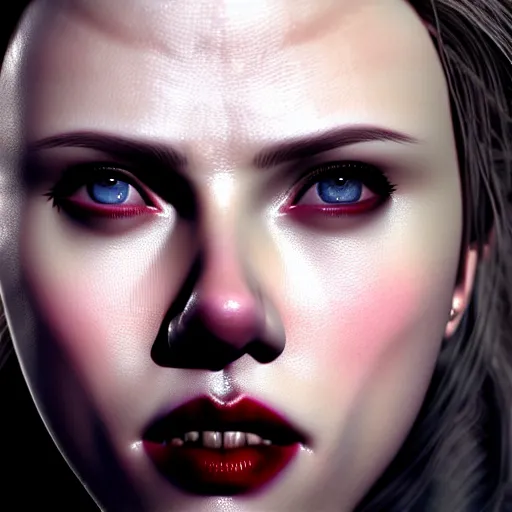 Image similar to cute vampire scarlett johansson, ultra realistic, concept art, intricate details, dark vibe, highly detailed, photorealistic, octane render, 8 k, unreal engine,