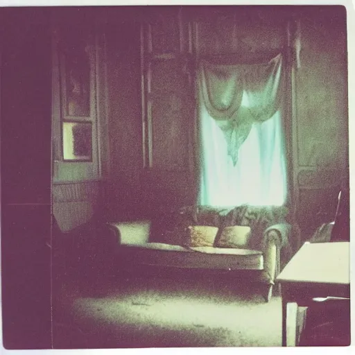 Image similar to coloured atmospheric polaroid photo of a old living room interior with transparent ghosty banshee corpse body floating