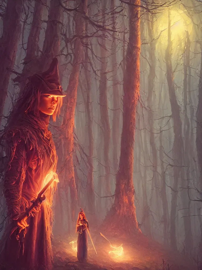 Image similar to close up portrait of a beautiful female witch with glowing sword, magical forest background fantasy atmosphere. art by simon stalenhag. highly detailed, intricate, lifelike. sci - fi, fantasy, magical, nikon d 8 5 0.