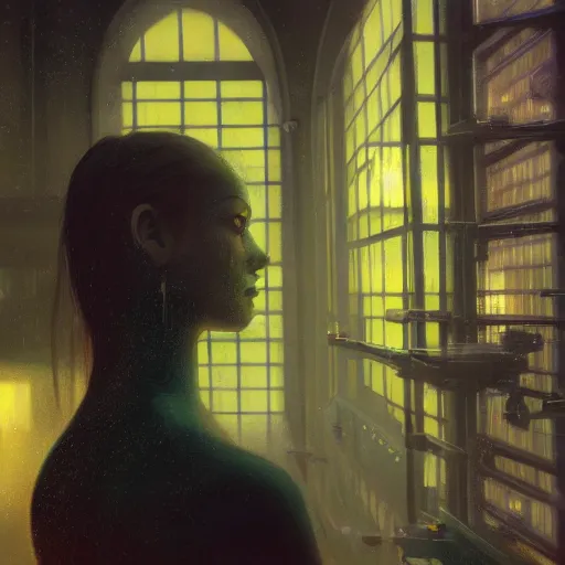 Image similar to detailed face of a woman, moment, cyberpunk cloisters, electronic billboards, tech noir, wet reflections, prism, atmospheric, ambient, pj crook, syd mead, livia prima, greg rutkowski, edward hopper