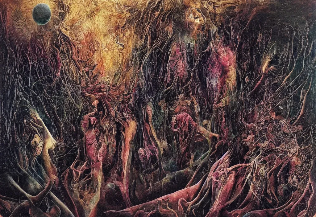 Prompt: all matter is merely energy condensed to a slow vibration we are all one consciousness experiencing itself subjectively there's no such thing as death, life is only a dream and we're the imagination of ourselves, epic surrealism oil paint by ernst fuchs, zdzislaw beksinski, katsuhuro otomo highly detailed