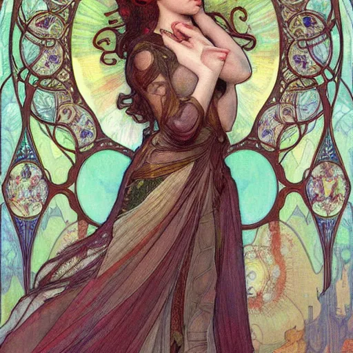 Prompt: romantic painted portrait of cortana by james jean, mucha