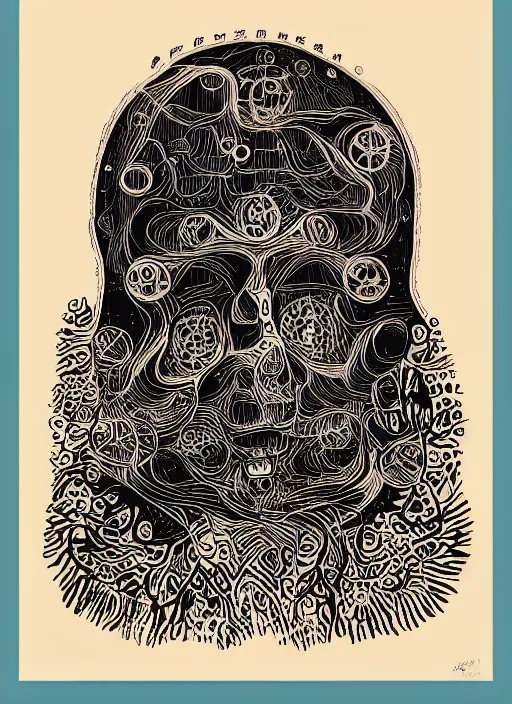 Prompt: A wandering mind, screen print, art by Gustavo Bernal, Garavato