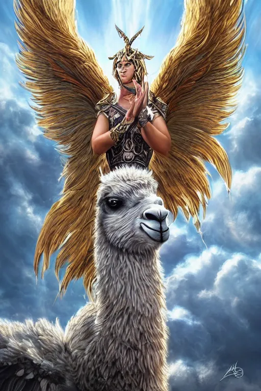 Prompt: A beautiful fierce llama angel with wings, wearing metal battle armor and a flaming sword, among heavenly sunlit clouds, close-up, intricate anthro llama portrait, elegant, digital painting, golden hour photo, cinematic, trending on artstation, anthro concept art, smooth, sharp focus, llama, illustration, art by artgerm and Greg Rutkowski and Alphonse Mucha, daily deviation, llama