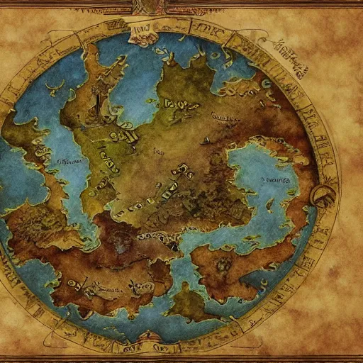 Prompt: simple fantasy map, the land of Odrua, several continents arranged in an arc, world of Lute, by JRR Tolkien and Brian Froud, Vatican Map Room, fantasy concept painting, Magic The Gathering Art, trending on art station, oceans, continents, unmarked