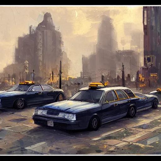 Prompt: a couple of taxis waiting for gas by greg rutkowski