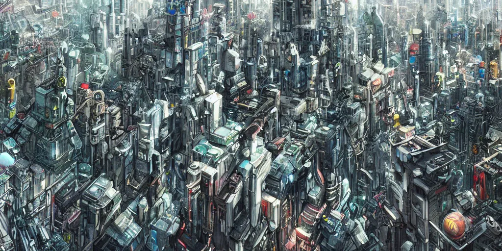 Image similar to Wide angle shot of a densely packed futuristic city, landscape, sci-fi, cyberpunk, Digital art, detailed, anime, artist Katsuhiro Otomo