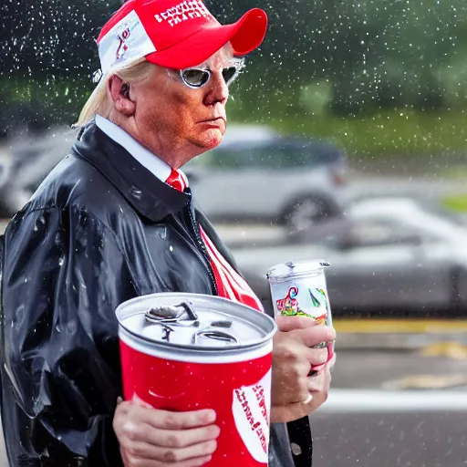 Prompt: cinematic shot of Donald Trump wearing a bucket hat and a rain jacket and shorts holding a can of Arizona Tea and standing outside of a gas station, 8k, very intricate, very detailed,