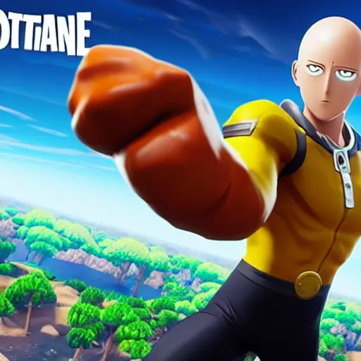 Image similar to one punch man in fortnite, character render, full body shot, highly detailed, in game render