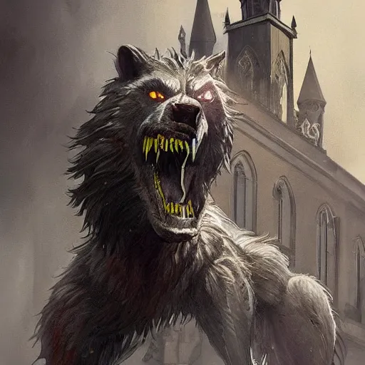 Image similar to werewolf in the downtown city lviv church of st. elizabeth, portrait, highly detailed, full body, digital painting, trending on artstation, concept art, sharp focus, illustration, art by artgerm and greg rutkowski and magali villeneuve