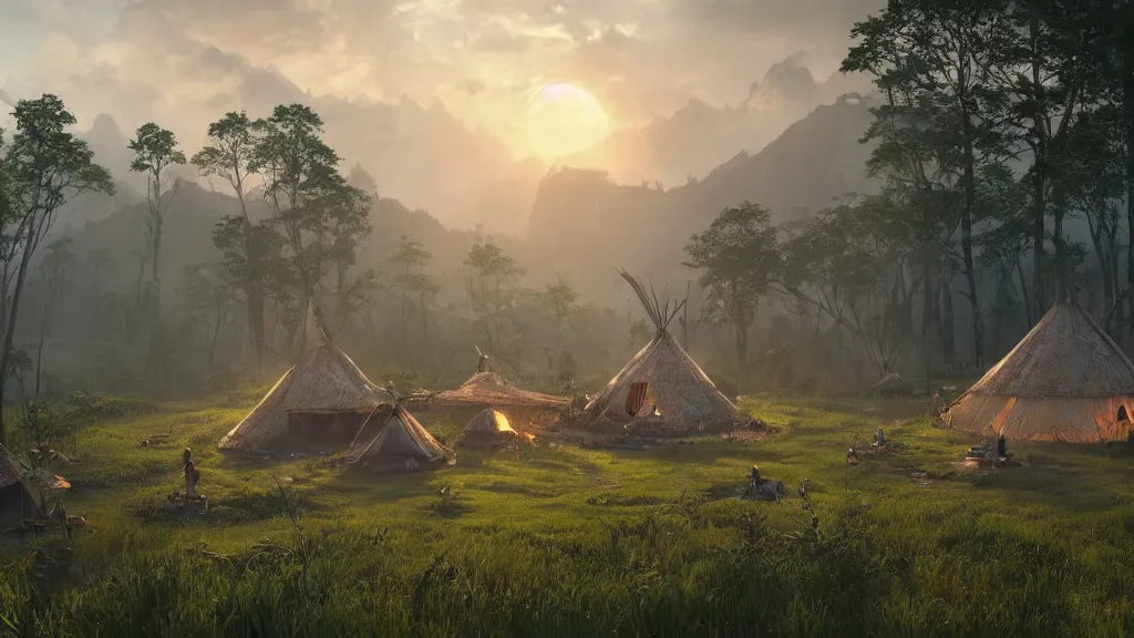 Prompt: beautiful render of an indigenous tribe, unreal engine, first light, teepee, paths, lush grass, sunrise, encampment, soft light, forest, hut, camp, hunter, by greg rutkowski, cgsociety