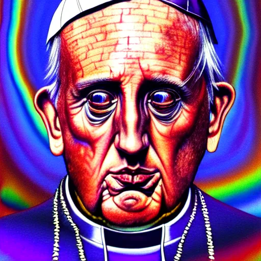 Image similar to an extremely psychedelic portrait of the pope, surreal, lsd, face, detailed, intricate, elegant, lithe, highly detailed, digital painting, artstation, concept art, smooth, sharp focus, illustration