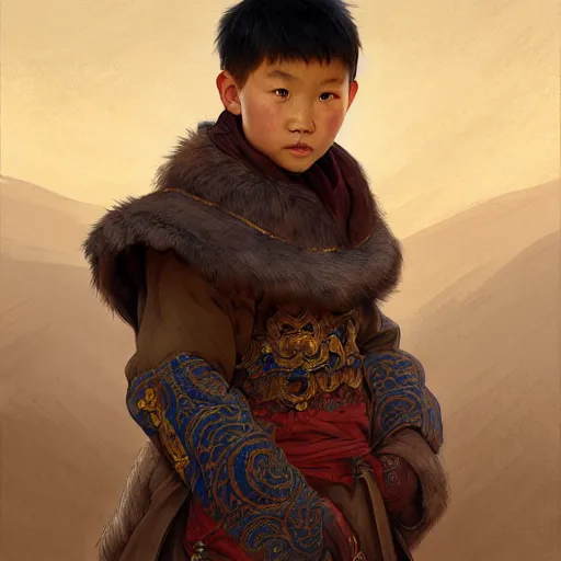 Prompt: illustration of a mongolian boy, d & d, fantasy, intricate, elegant, highly detailed, digital painting, artstation, concept art, smooth, sharp focus, illustration, art by artgerm and greg rutkowski and alphonse mucha