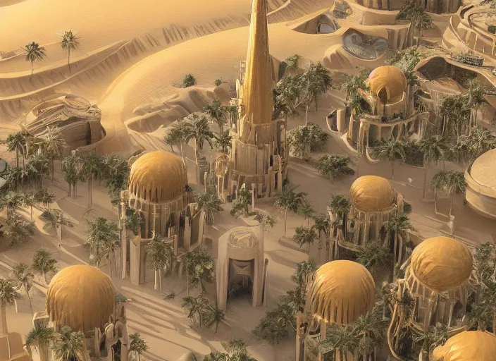 Image similar to cover concept art of the lost sand city, levitating sand, golden towers, golden pillars, palm trees, space and time, floating objects, post-processing, in the style of Hugh Ferriss, Behance, Artgerm. High detail, ultra realistic render, octane, 3D, photorealism, symmetric, cinematic