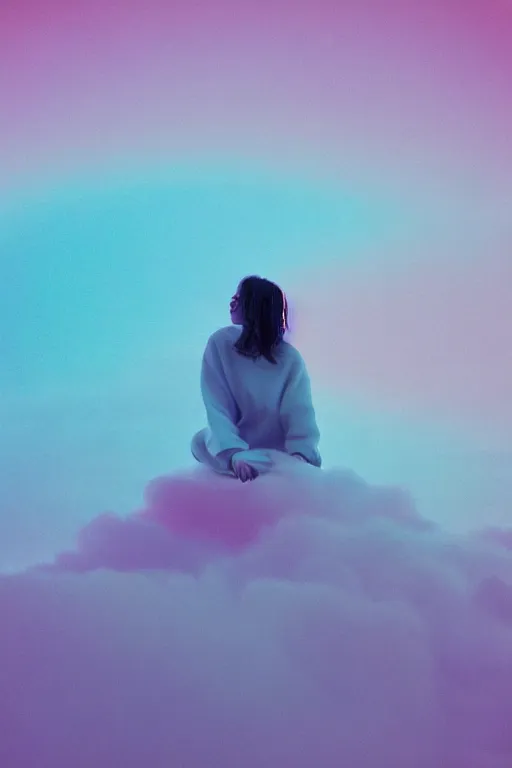 Image similar to high quality pastel coloured film close up wide angle photograph of a model wearing clothing resting on cloud furniture in a icelandic black rock!! environment in a partially haze filled dreamstate world. three point light, rainbow. photographic production. art directed. pastel colours. volumetric clouds. pastel gradient overlay. waves glitch artefacts. extreme facial clarity. 8 k. filmic.