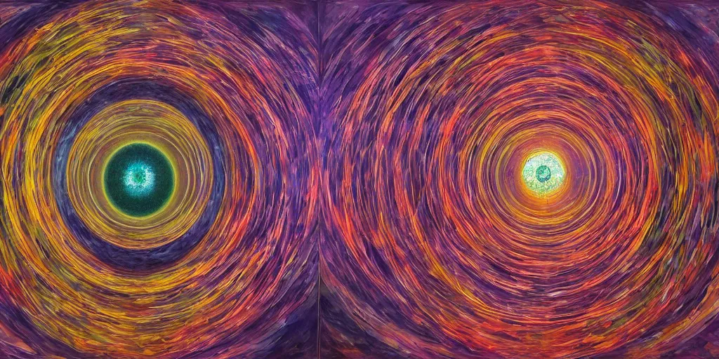 Prompt: dome syndrome is a mental projection of a self - contained vessel of light, constructed by one's own mental perceptions, however, this liberating space often turns out to be a limiting condition for exploring what truly lies beyond, volumetric lighting and shadows, concept art, biomechanical, realistic oil painting by alex grey