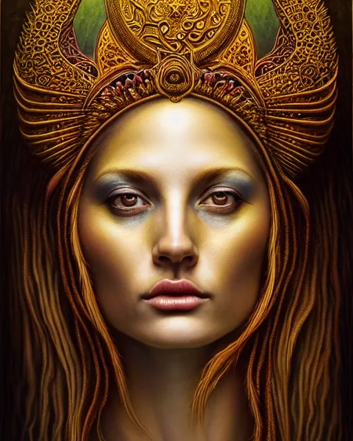 Prompt: portrait of the beautiful young goddess of fauna, unusual beauty, etheric, outworldly colours, emotionally evoking symbolic metaphors, head in focus, fantasy, ornamental, intricate, elegant, highly detailed hyperrealistic painting, artstation, concept art, painterly, golden ratio, sharp focus, illustration, art by tomasz alen kopera,