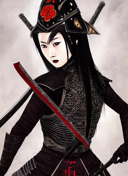 Image similar to full portrait of female vampire jinyiwei wearing black heavy armor and pointed helmet, agile, absurdly beautiful, facial scar, imposing, jinyiwei, embroidered uniform guard, secret agent, detective, chinese armor, historical armor, pointed helmet, katana, nodachi, japanese sword, ming dynasty, detailed, realistic face, anatomically accurate, fantasy art.