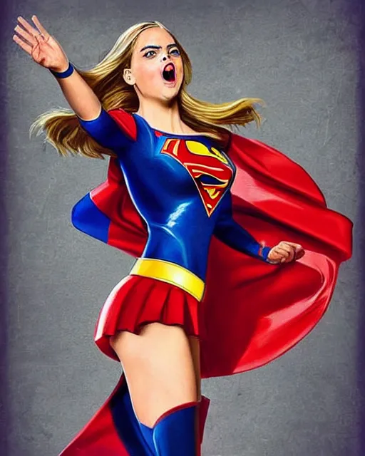 Image similar to high quality presentation digital print of a cara delevigne as supergirl, soviet propaganda style