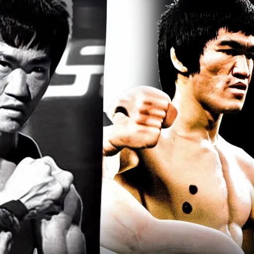 Image similar to Bruce Lee fights against Khabib Nurmagomedov in the UFC,