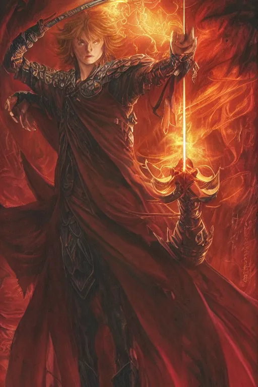 Prompt: young male redhead Spellcaster standing, holding a book with glowing runes on the cover, D&D dark fantasy style, sharp focus, ultra detailed, art by Artgerm and Peter Andrew Jones, Karol Bak, Ayami Kojima, Amano and Olivier Ledroit