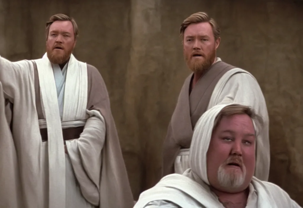 Image similar to obi wan kenobi but obese!! and overweight, photoralistic rendering, movie still, screenshot, hyperdetailed