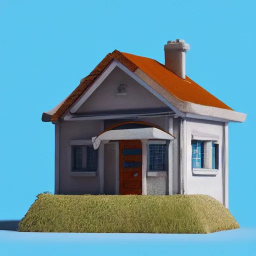 Image similar to cute chubby house, 3 d render, minimalistic, octane, 1 0 0 mm, depth of field, diorama, blue background