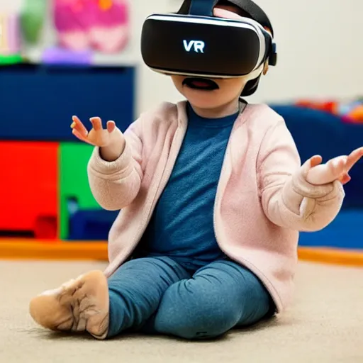 Prompt: A toddler wearing a straight jacket and a vr headset while sitting in a daycare setting, photography