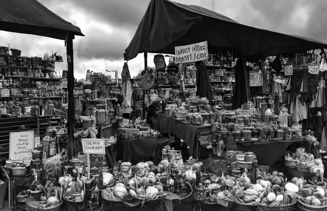 Image similar to market stall in Mordor with a very dark atmospheric sky. A hideous faced orc is selling arcane wares and animal body parts