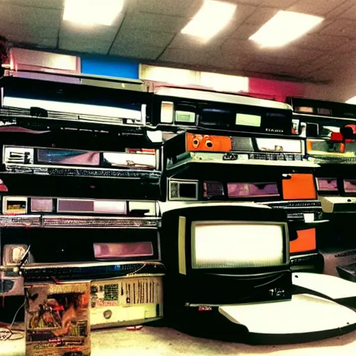 Image similar to array of crt televisions, tv static, antenna, stacked, polaroid, steroids, adult video store