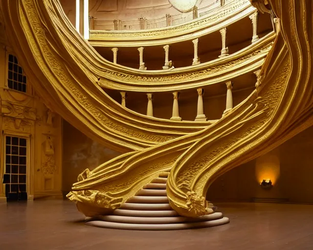 Prompt: city sized clay sculpture in a huge room. golden staircase that ascends towards the moon