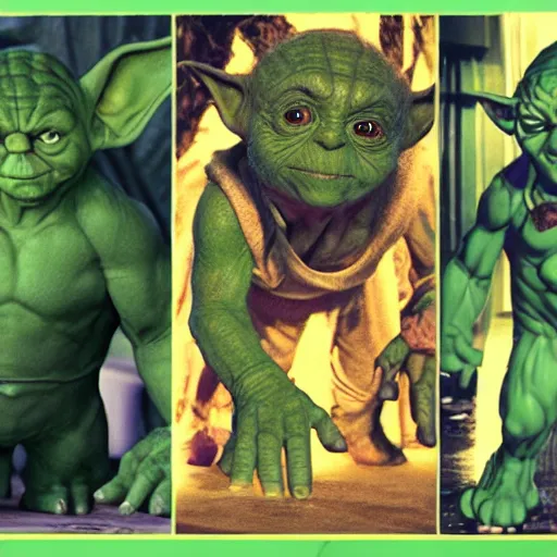 Image similar to a mix between Hulk and Yoda and Dobby and Gollum fighting robots, center frame medium shot, shot on technicolor cinemascope 35mm anamorphic lense, flare