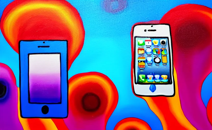 Image similar to a surreal colourful painting of an iphone underwater surrounded by jellyfishes