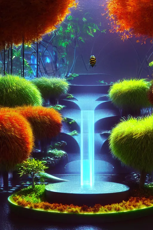 Image similar to futuristic garden glowing in autumn, marble fountains, small waterfalls, ecosystem, electronic bumblebees, 1 9 8 0 s science fiction, 1 9 7 0 s science fiction, alien 1 9 7 9, cyberpunk, 3 d oil painting, depth perception, 4 k, artstation