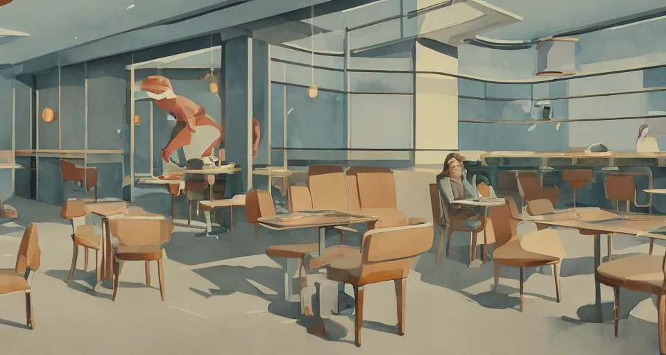 Prompt: a beautiful illustration of futuristic empty cafe, lots of furniture, dining, waiting room, big medium small, sacred geometry, golden ratio, in watercolor gouache detailed paintings, in style of syd mead, trending on artstation,8k, panel, hard surface, vent, zaha hadid, props, plant, cozy,decoration around the room